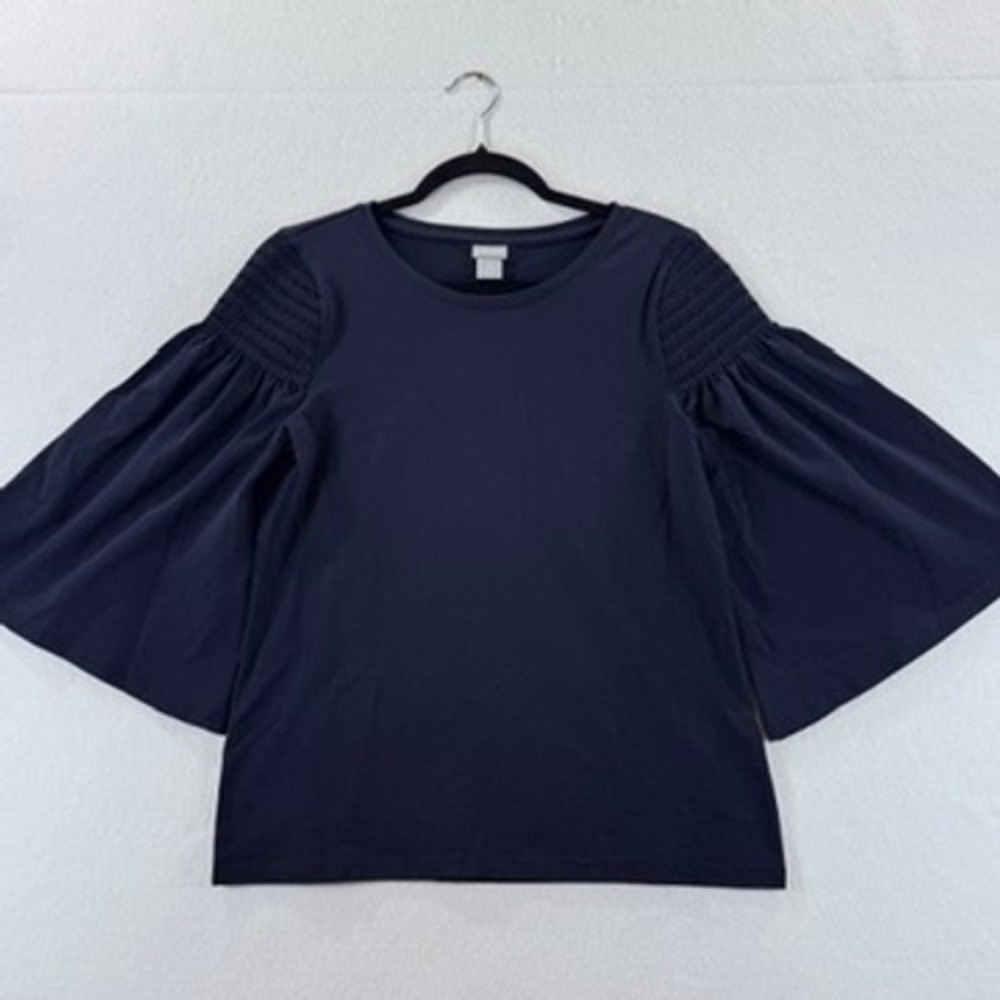 Chico's Bell Sleeve Top Womens 0 Small Navy Blue Smocked Shoulder Boho Chic